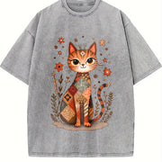 Retro Cat Short-sleeve Vintage Washed T-Shirt in Gray