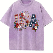 USA Flag Floral Boxy Retro Y2K Vibes or Lived-in Vintage Washed T-Shirt in Purple