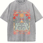 Boho Wildflowers Boho Floral Art Nouveau Vintage Washed T-Shirt in Gray
