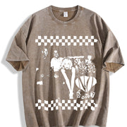 Black and White Checkerboard Band Vintage Washed T-Shirt in Brown