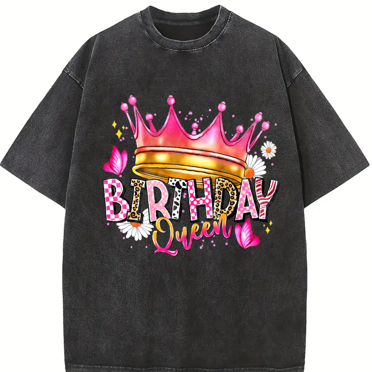 Birthday Queen Cartoon Spring/ Regular Length vintage washed oversized T-shirt in Black