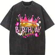 Birthday Queen Cartoon Spring/ Regular Length vintage washed oversized T-shirt in Black