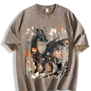 Fantasy Black Dragon Gentle Floral Vintage Washed T-Shirt in Brown