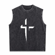 With Patterned Cross Vintage Washed Tank Top in Black