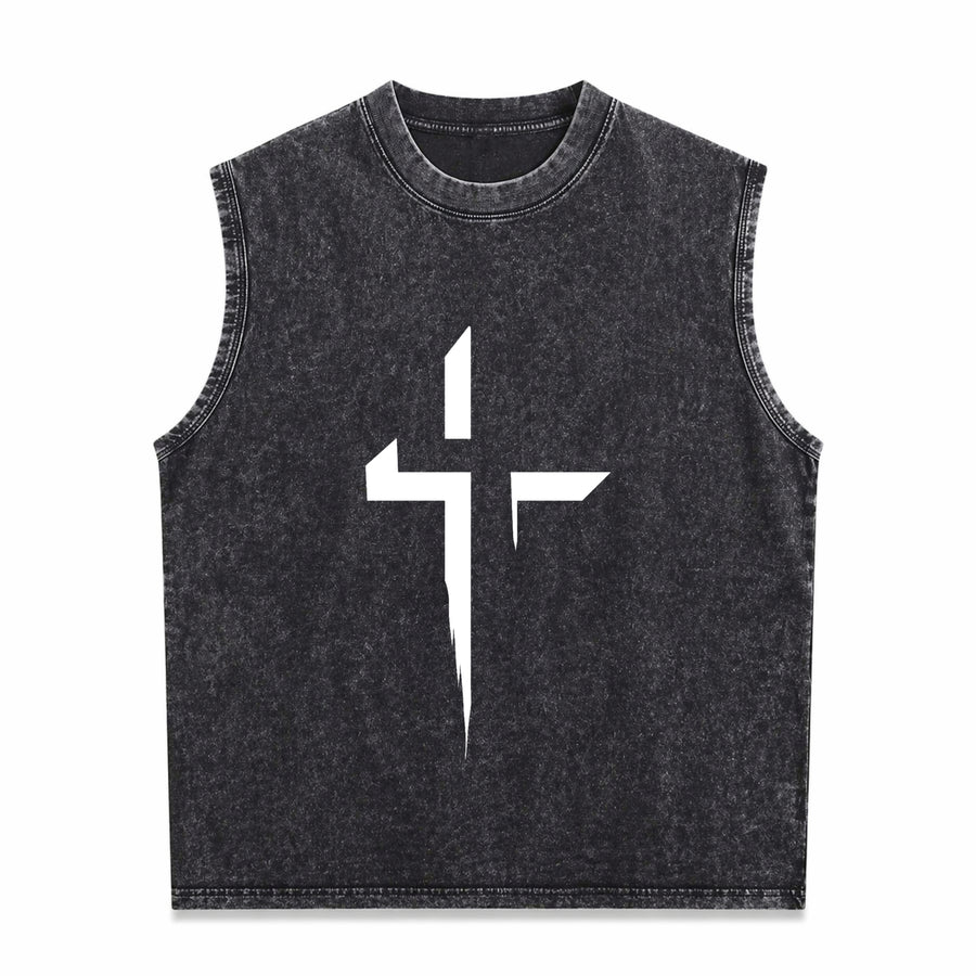 With Patterned Cross Vintage Washed Tank Top in Black