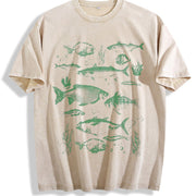 Retro Fish Tattoo 90s Fisherman Vintage Washed T-Shirt in Beige