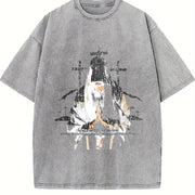 Religious Prayer Cross Black Grunge Vintage Washed T-Shirt in Gray