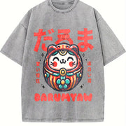 Retro and Same Japanese Daruma Cat Vintage Washed T-Shirt in Gray