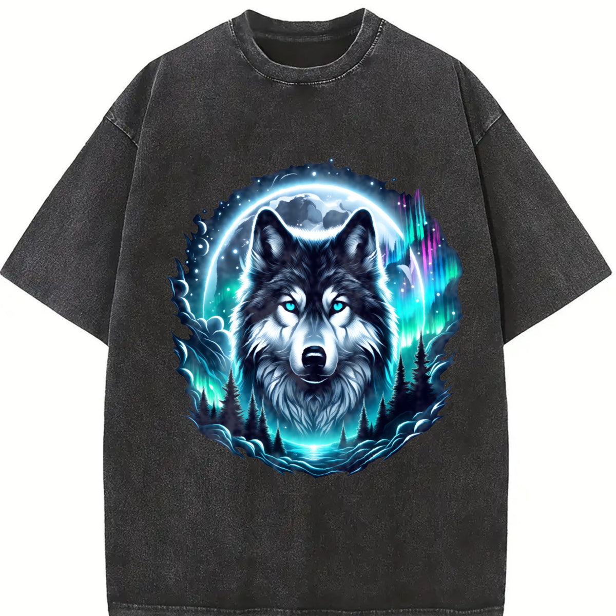 Retro Wolf at the Moon Vintage Washed T-Shirt in Black