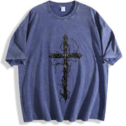 Thorn Cross Gothic Cross Biblical Cross Art Jesus vintage washed oversized T-shirt in Blue