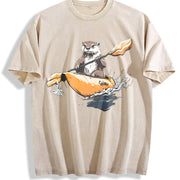 Otter Kayaking Vintage Washed T-Shirt in Beige