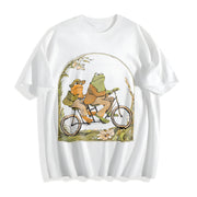 Frog and Toad on Bike Lovers Cotton T-Shirt in White