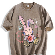 A Whimsical Cartoon Rabbit with Long Pink Ears Vintage Washed T-Shirt in Brown