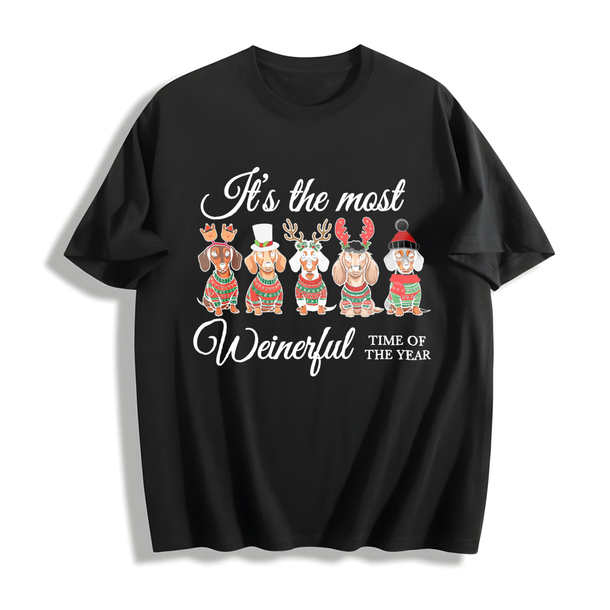 Dachshund Christmas Cotton T-Shirt in Black