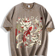 Koi Fish and Lotus Vintage Washed T-Shirt in Brown