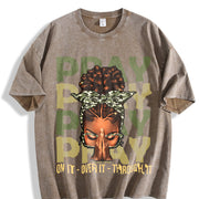 Pray on It Pray Over It Black Woman Afro Christian Sayings Vintage Washed T-Shirt in Brown