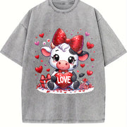 Valentine's Day Winter Cow Wearing Diamond Bow LOVE Vintage Washed T-Shirt in Gray
