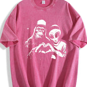 Retro Bigfoot and Alien Heart Hands Vintage Washed T-Shirt in Red