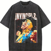 With Dark 'Invincible Comic Character And Text INVINCIBLE' vintage washed oversized T-shirt in Black