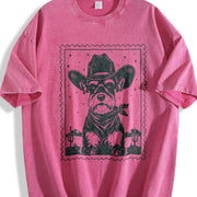 Retro Cowboy Schnauzer Stamp Vintage Washed T-Shirt in Red