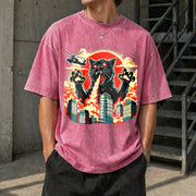 Catzilla Cat Japanese Art Cat for Kids 0714D 818 Vintage Washed T-Shirt in Red