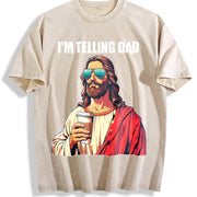 I'm Telling Dad Jesus with Beer Vintage Washed T-Shirt in Beige
