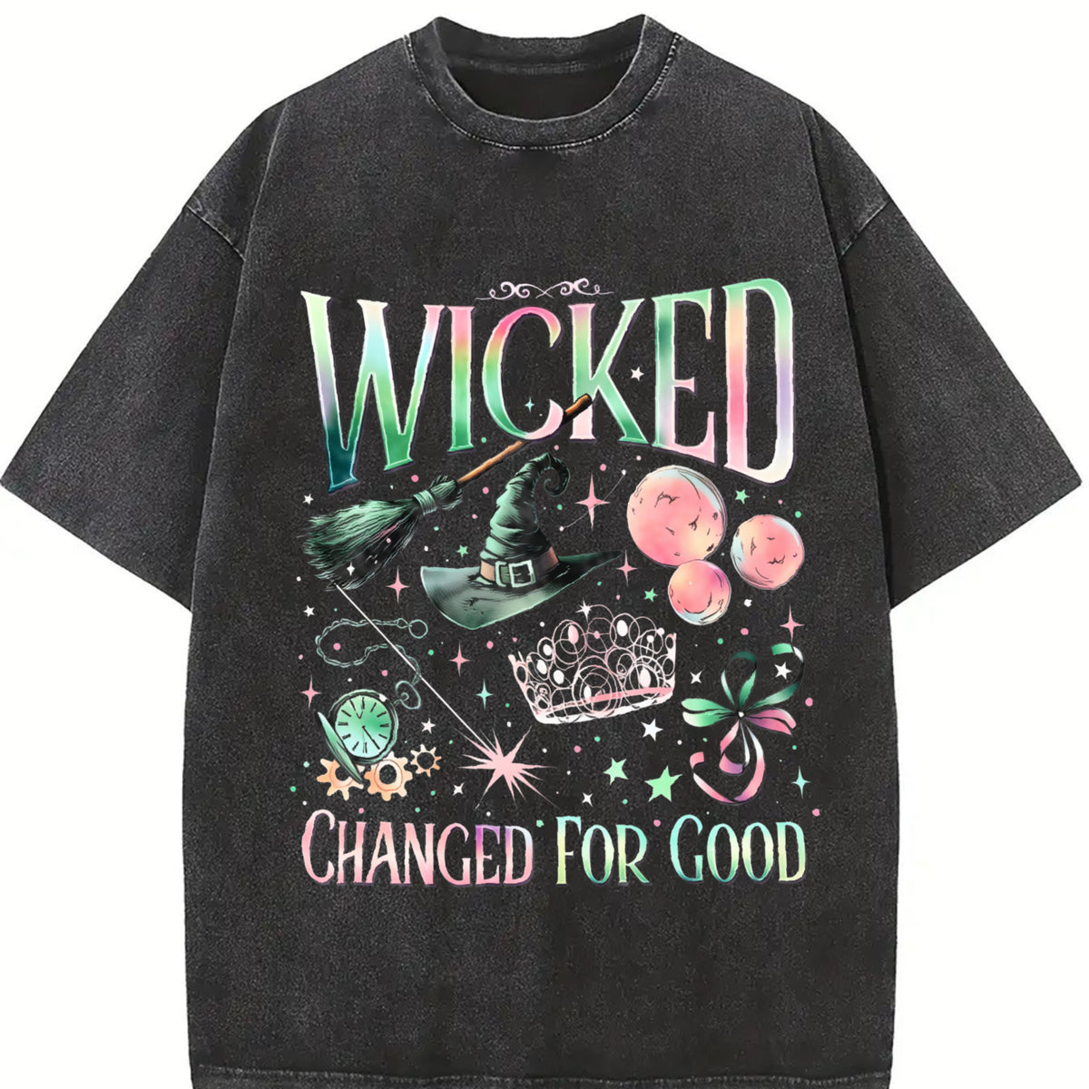 Wicked Change For Good Defy Gravity Broomstick Magic Wand vintage washed oversized T-shirt in Black