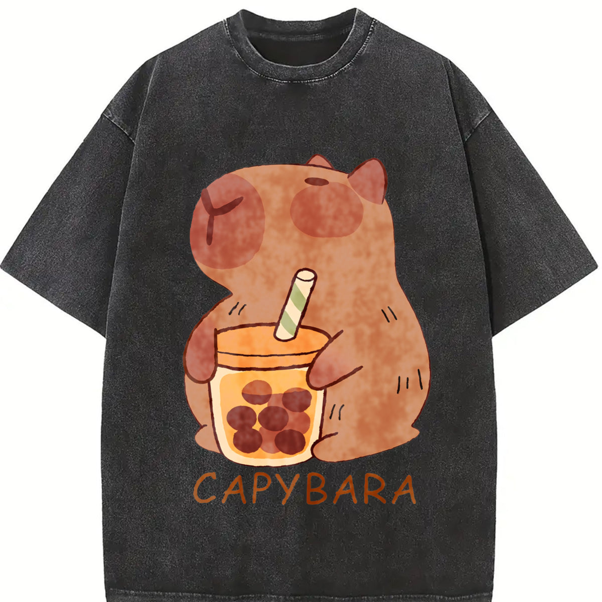 Cute Capybara & Capybara Tea Vintage Washed T-Shirt in Black