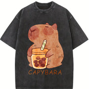 Cute Capybara & Capybara Tea Vintage Washed T-Shirt in Black