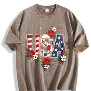 Effortless Chic Coastal Granddaughter Statement USA Flag Vintage Washed T-Shirt in Brown