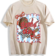 Baseball Game Day Coquette Bow Baseball Mama Vintage Washed T-Shirt in Beige
