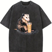 Opossum Drinking Iced Coffee Vintage Washed T-Shirt in Black