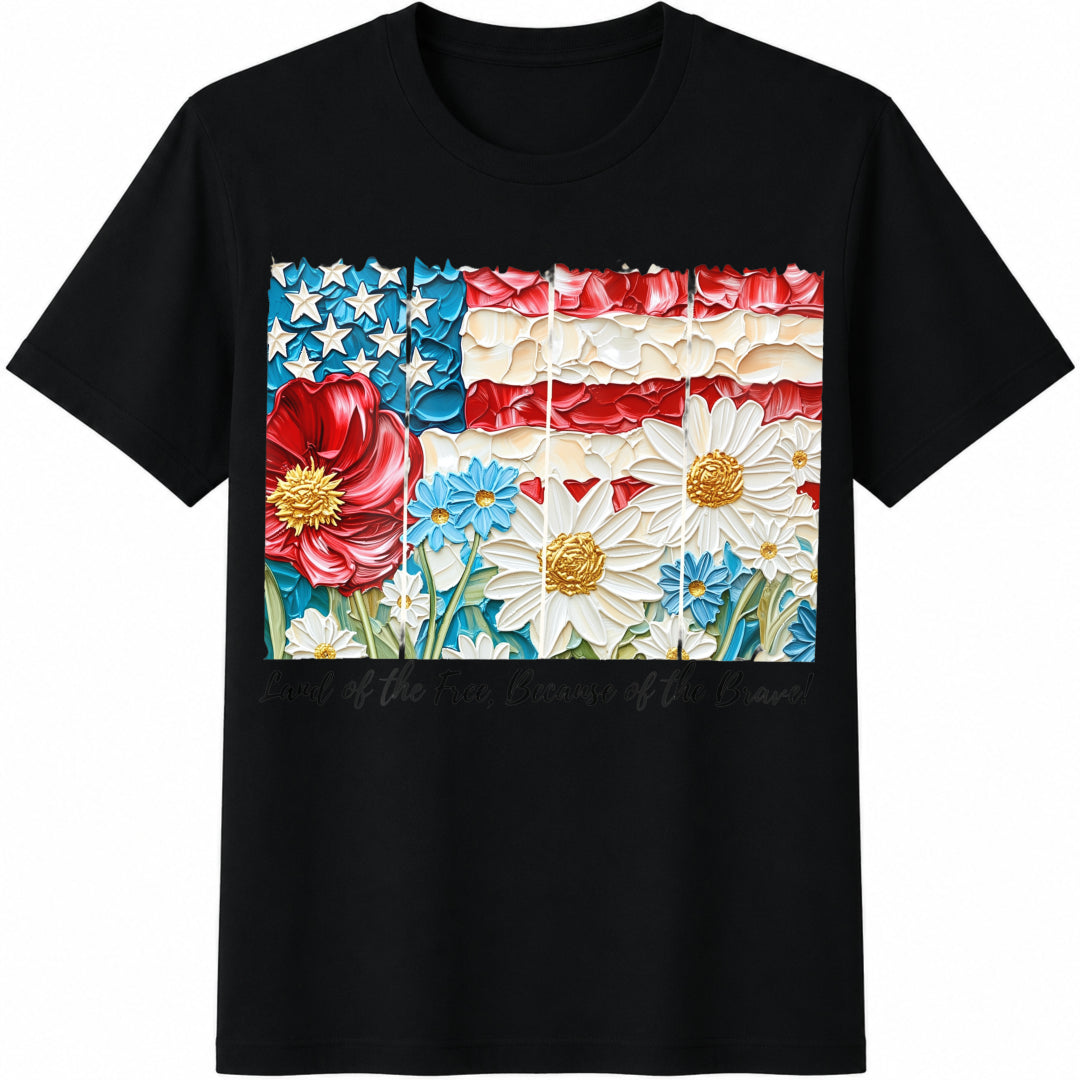 Floral Patriotic USA Cotton T-Shirt in Black