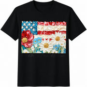 Floral Patriotic USA Cotton T-Shirt in Black