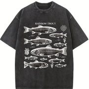Rainbow Trout Fish 90s Vintage Washed T-Shirt in Black