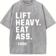 Lift Heavy Eat Ass Meme Gym Back Bodybuilding Motivation vintage washed oversized T-shirt in Gray