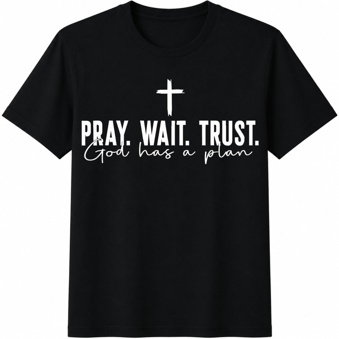 Pray Wait Trust Religious Cotton T-Shirt in Black