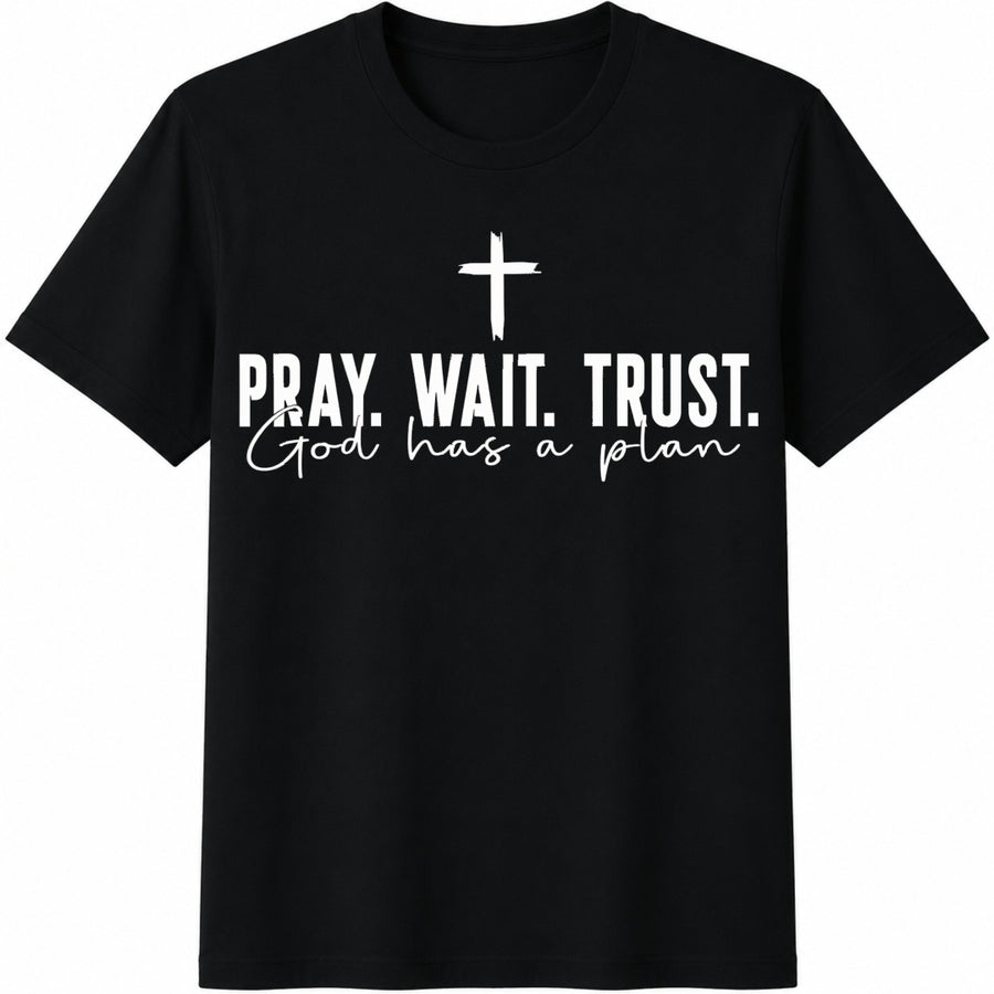 Pray Wait Trust Religious Cotton T-Shirt in Black