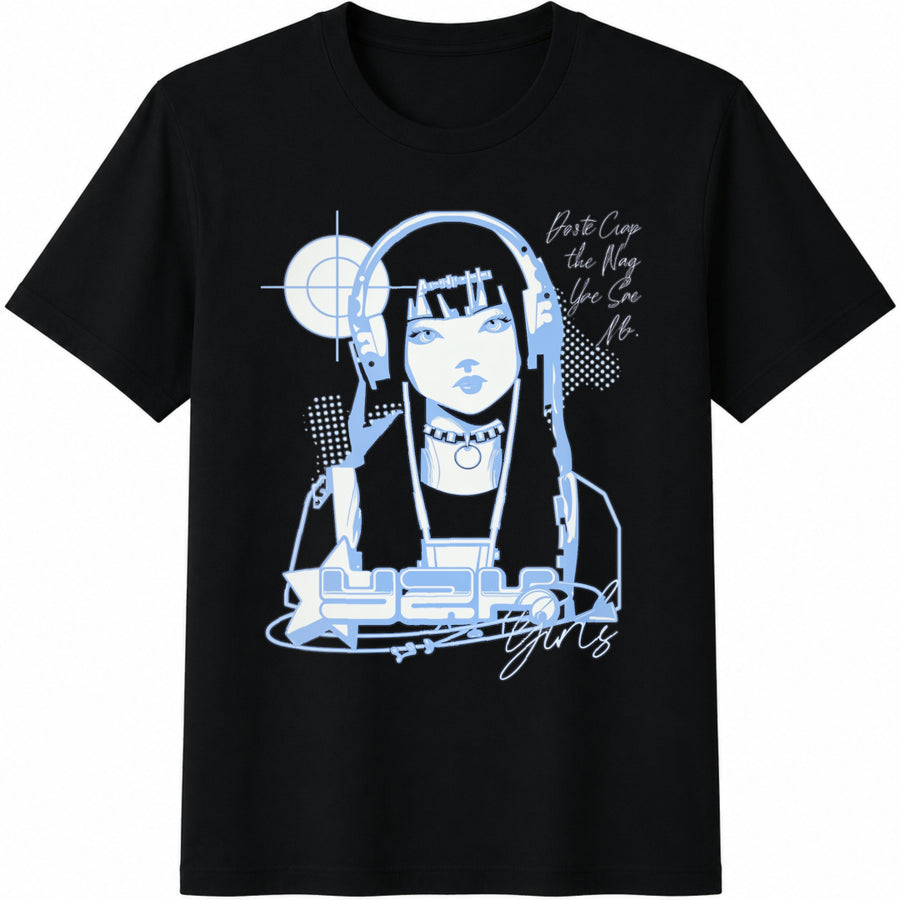 Cyber Girl Portrait Cotton T-Shirt in Black