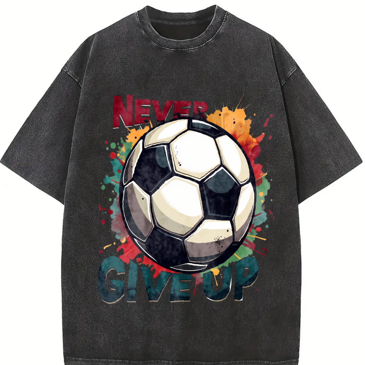 Never Give Up Soccer Vintage Washed T-Shirt in Black