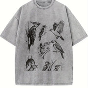 Woodpecker Bird 90s Tattoo Vintage Washed T-Shirt in Gray