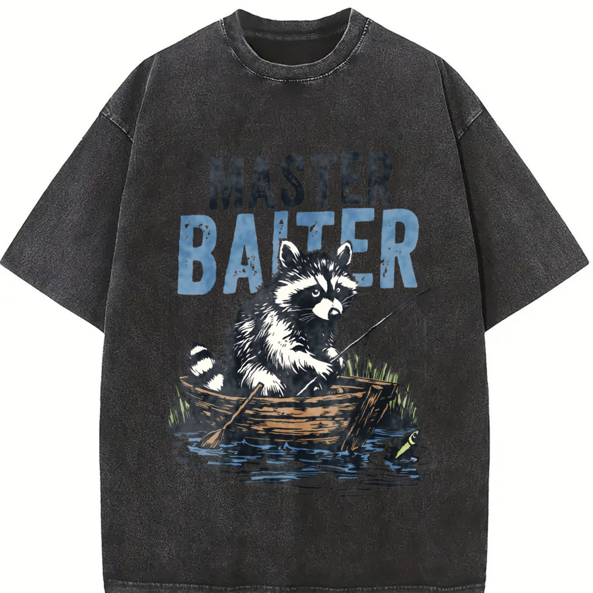 Retro Master Baiter Raccoon Fishing Vintage Washed T-Shirt in Black