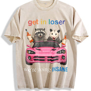 Raccoon Opossum: Get in Loser Meme Vintage Washed T-Shirt in Beige