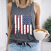 American Flag Distressed Crew-neck Sleeveless Vest Outdoor Women's Color Cotton Tank Top in Gray