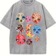 Cosmic Face Show Batik Brand Vintage Washed T-Shirt in Gray
