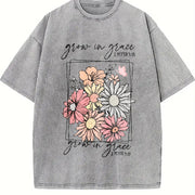 Grow in Grace 2 Peter 3:18 Floral Vintage Washed T-Shirt in Gray