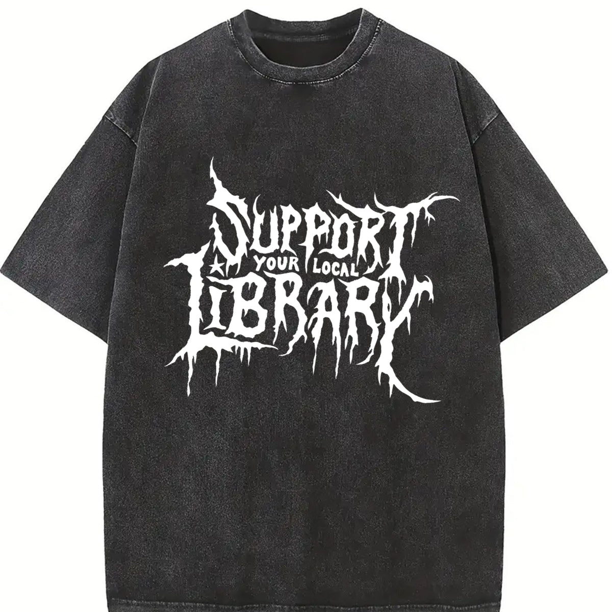 Grunge - style Support Your Local Library Text vintage washed oversized T-shirt in Black