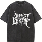 Grunge - style Support Your Local Library Text vintage washed oversized T-shirt in Black