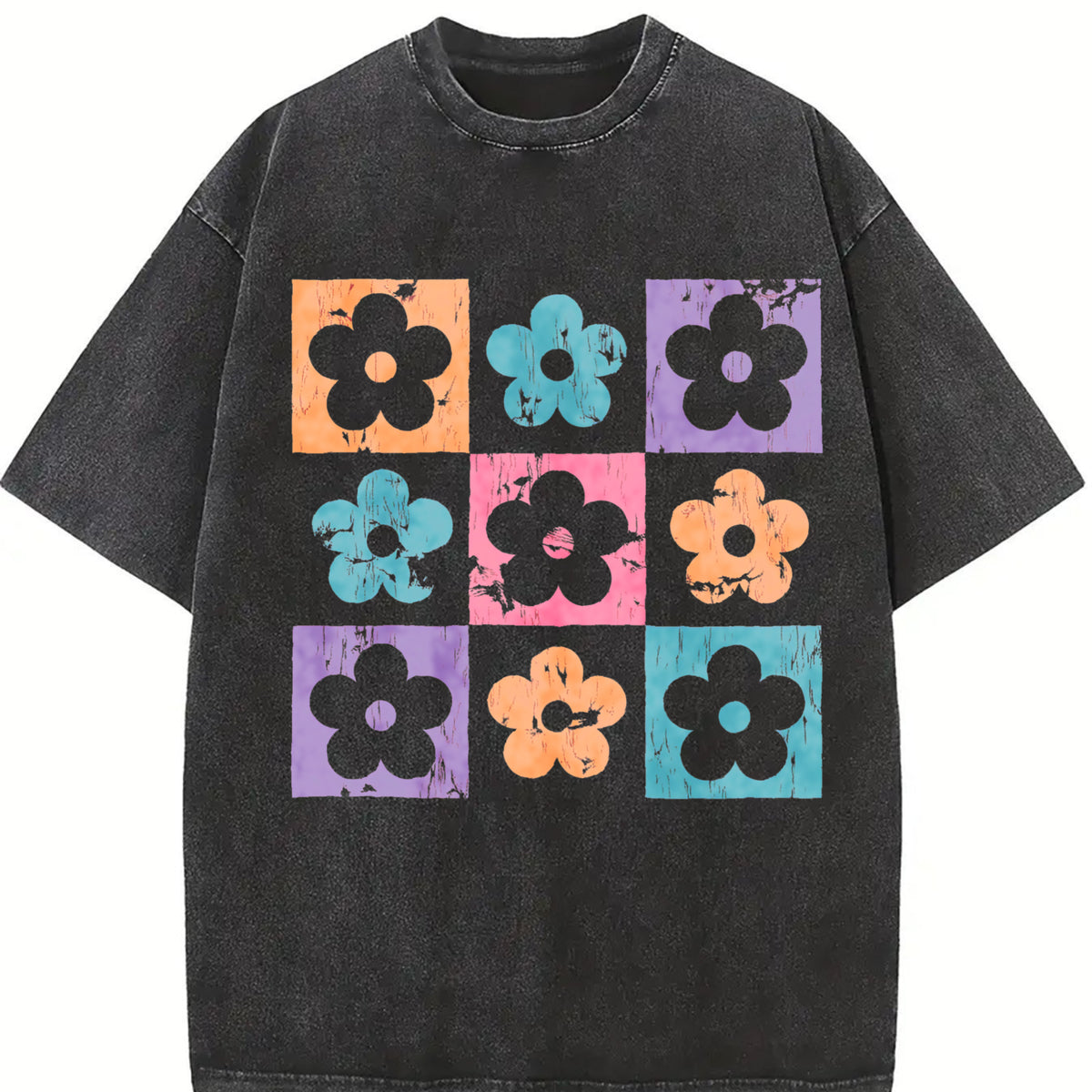 Checkered Flowers Retro Checkered Spring Vintage Washed T-Shirt in Black