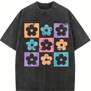 Checkered Flowers Retro Checkered Spring Vintage Washed T-Shirt in Black